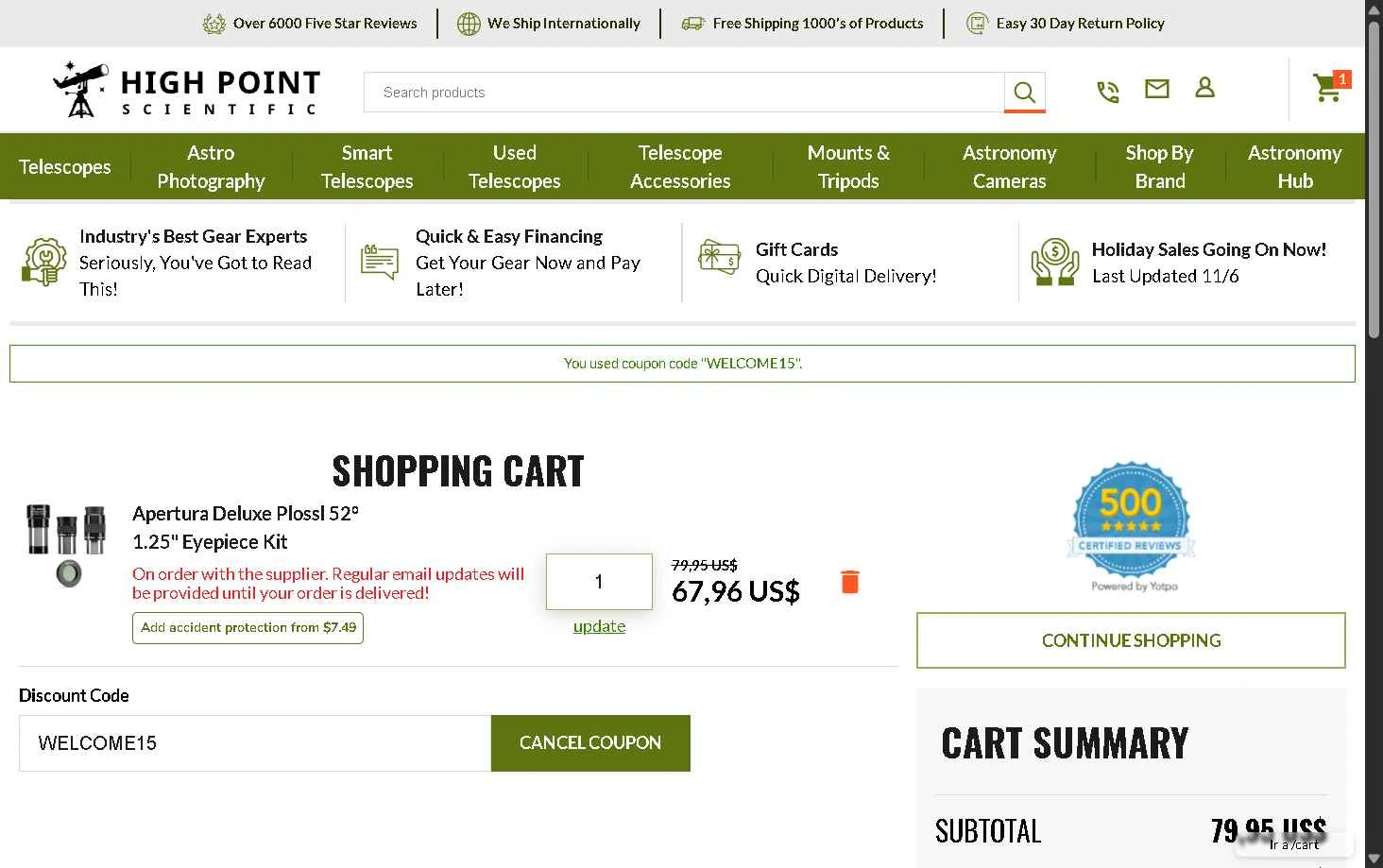 High Point checkout page showing High Point discount code box | Screenshot taken by SimplyCodes community member on Nov 9, 2025