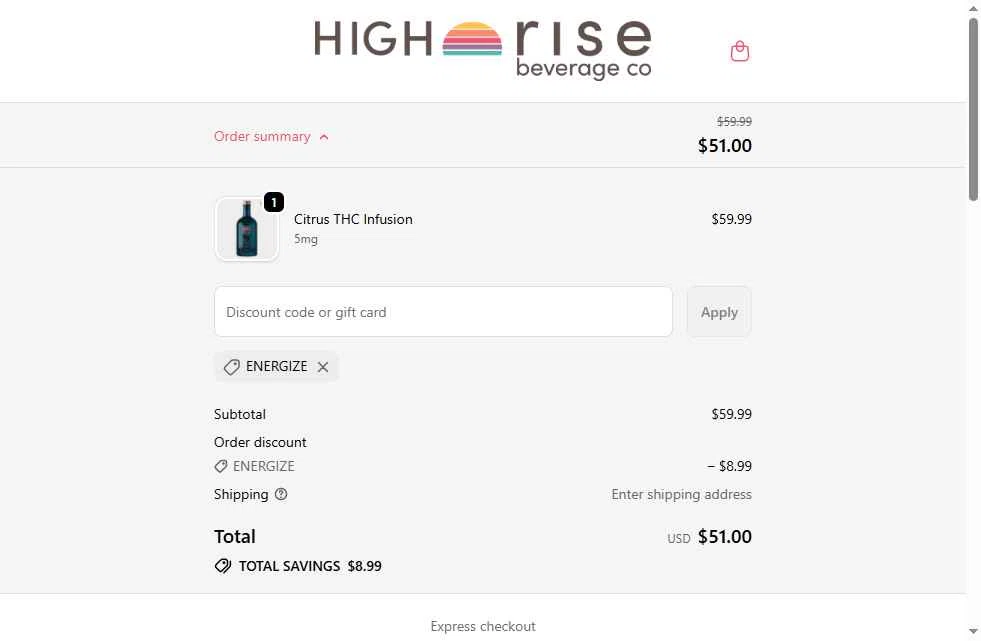 High Rise Beverage Company checkout page showing High Rise Beverage Company promo code box | Screenshot taken by SimplyCodes community member on Feb 1, 2026