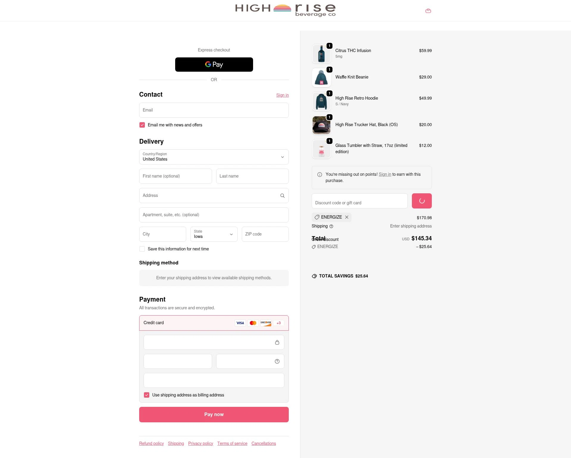 High Rise Beverage Company checkout page showing High Rise Beverage Company promo code box | Screenshot taken by SimplyCodes community member on Jan 13, 2026