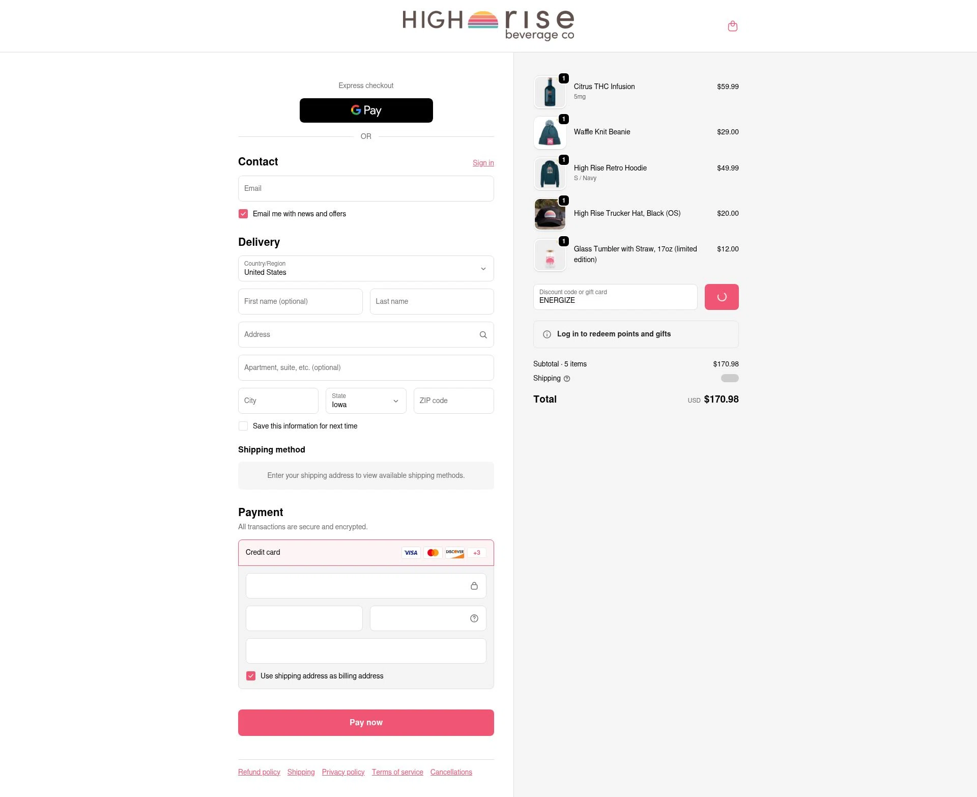 High Rise Beverage Company checkout page showing High Rise Beverage Company promo code box | Screenshot taken by SimplyCodes community member on Jan 23, 2026