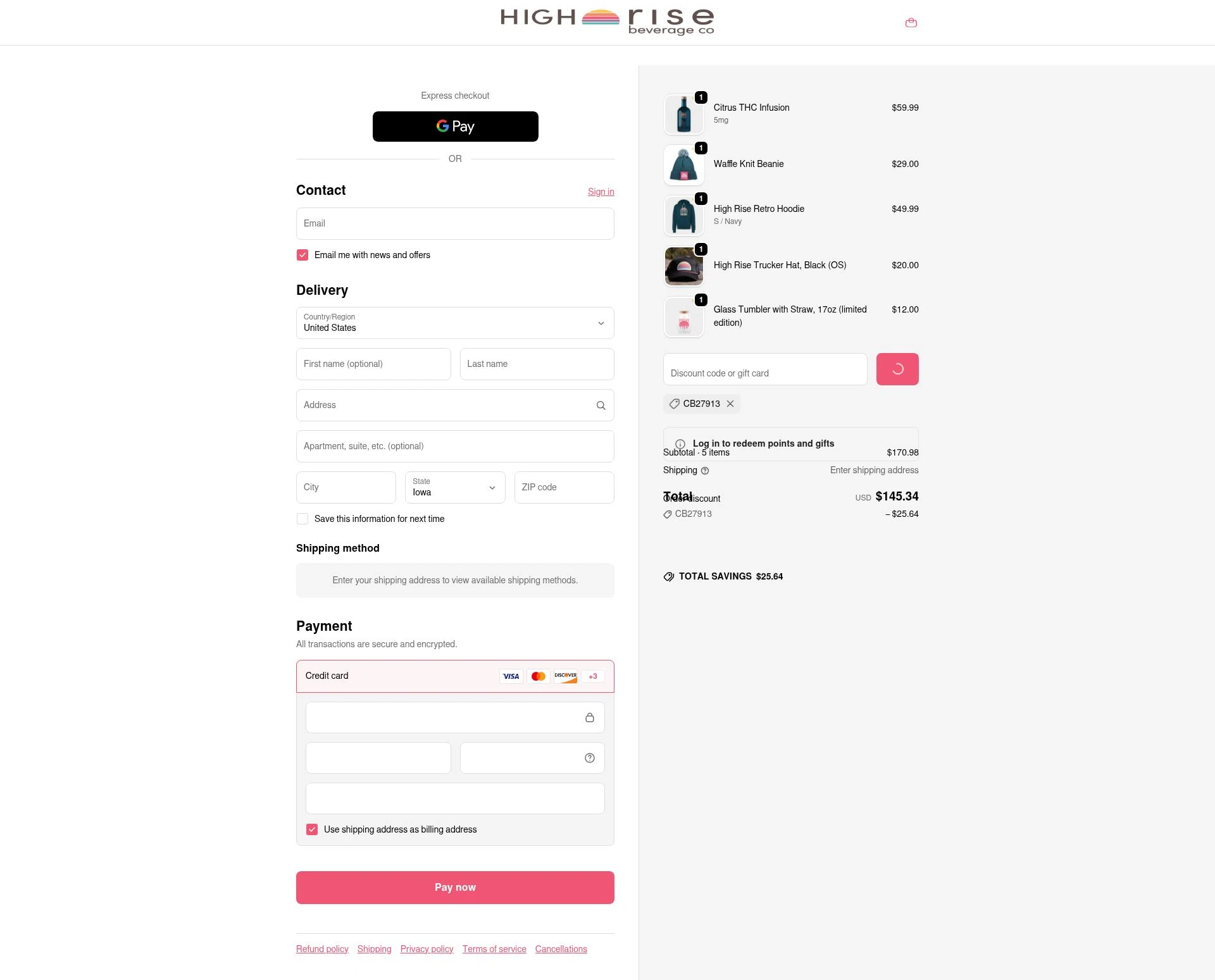 High Rise Beverage Company checkout page showing High Rise Beverage Company promo code box | Screenshot taken by SimplyCodes community member on Feb 1, 2026