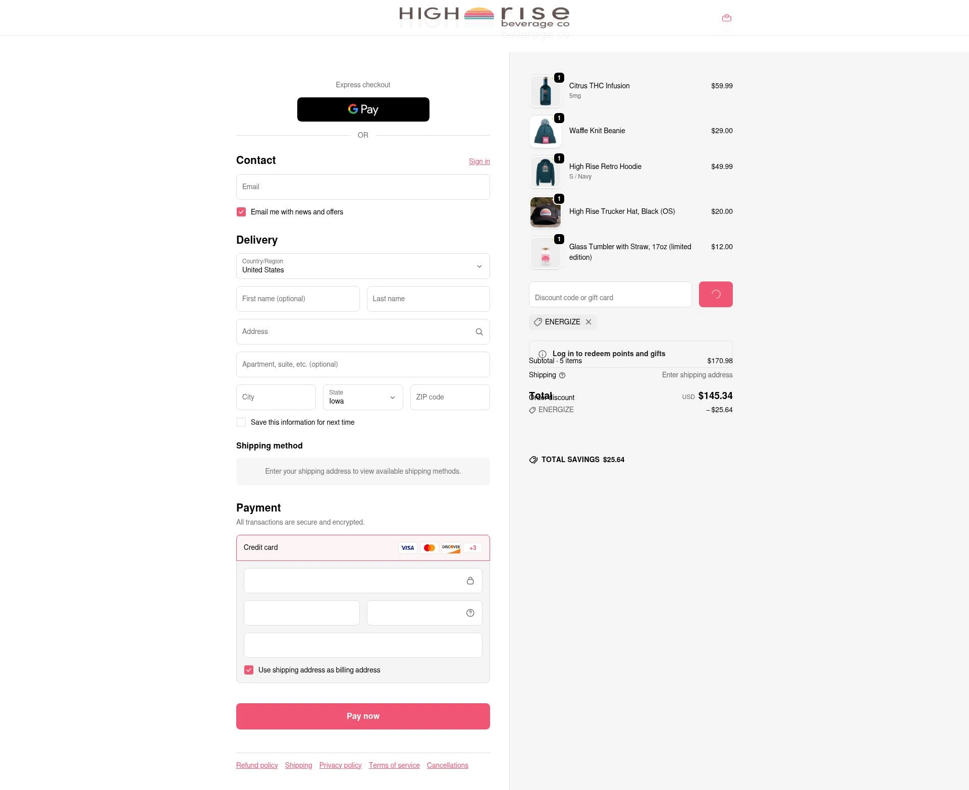High Rise Beverage Company checkout page showing High Rise Beverage Company promo code box | Screenshot taken by SimplyCodes community member on Jan 28, 2026