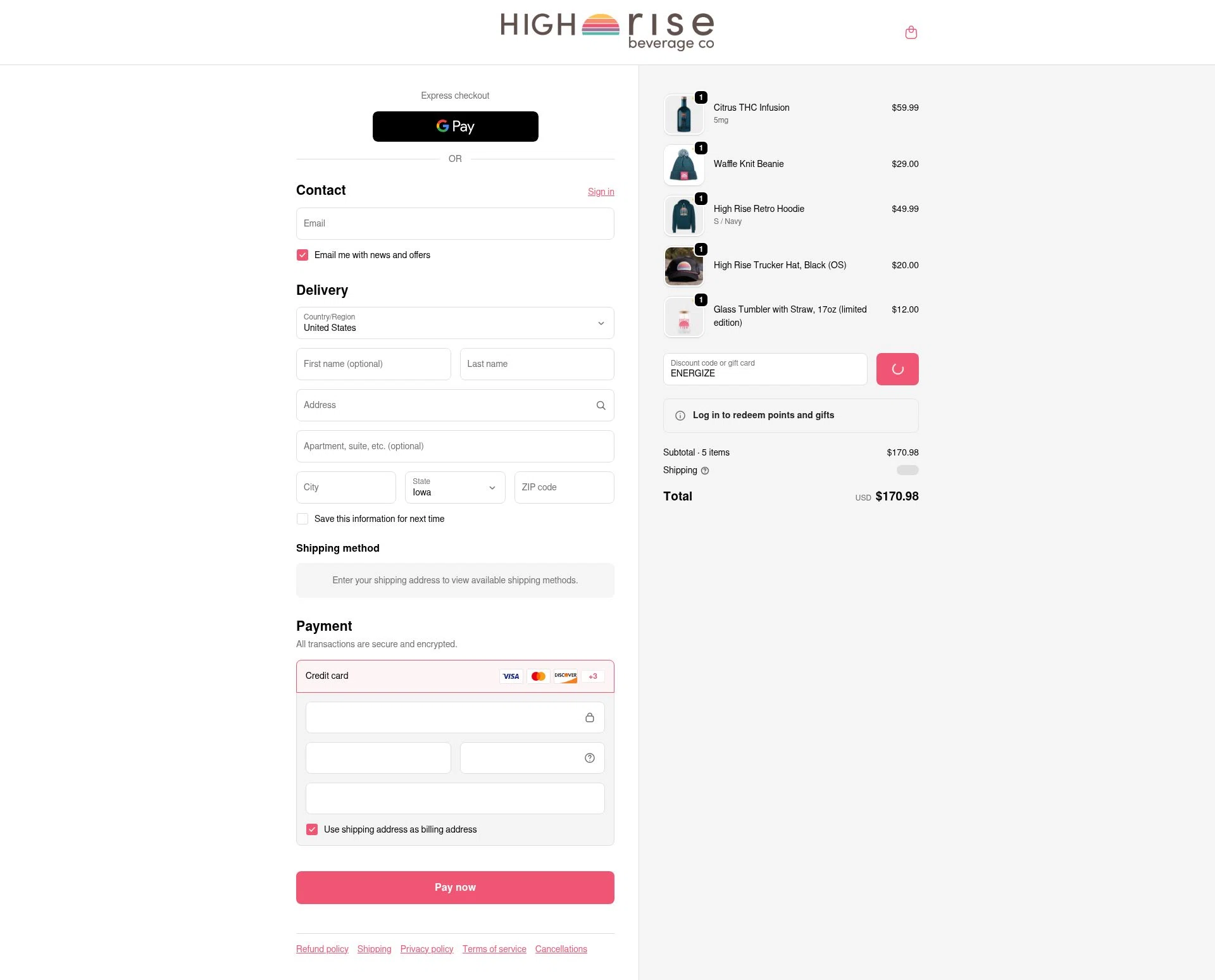 High Rise Beverage Company checkout page showing High Rise Beverage Company promo code box | Screenshot taken by SimplyCodes community member on Feb 6, 2026