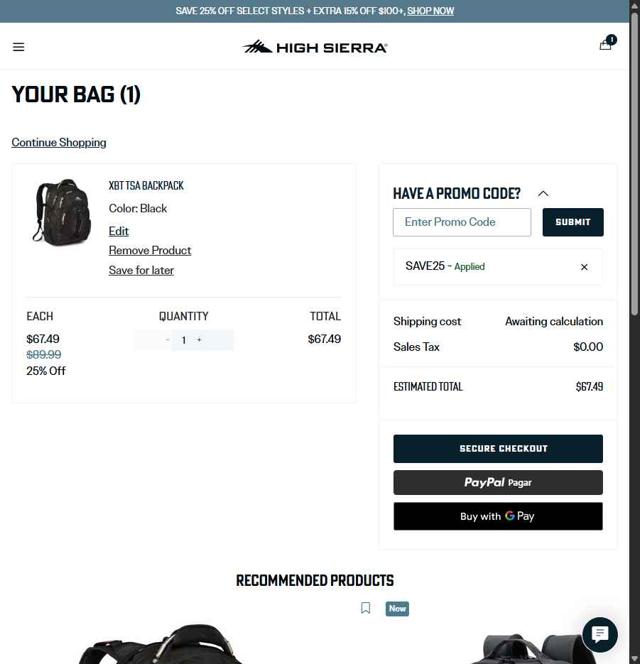 High Sierra checkout page showing High Sierra coupon code box | Screenshot taken by SimplyCodes community member on Aug 14, 2025