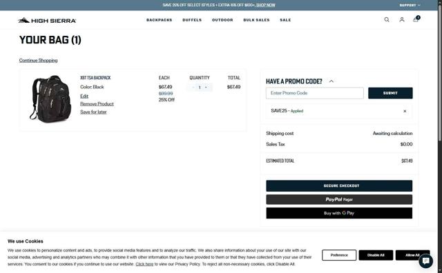 High Sierra checkout page showing High Sierra coupon code box | Screenshot taken by SimplyCodes community member on Jul 9, 2025