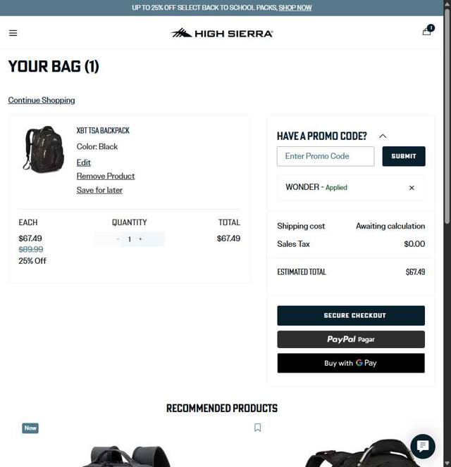 High Sierra checkout page showing High Sierra coupon code box | Screenshot taken by SimplyCodes community member on Aug 20, 2025