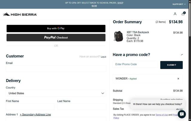 High Sierra checkout page showing High Sierra coupon code box | Screenshot taken by SimplyCodes community member on Aug 31, 2025