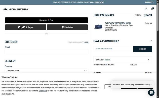 High Sierra checkout page showing High Sierra coupon code box | Screenshot taken by SimplyCodes community member on Aug 2, 2025