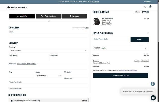High Sierra checkout page showing High Sierra coupon code box | Screenshot taken by SimplyCodes community member on Jul 27, 2025