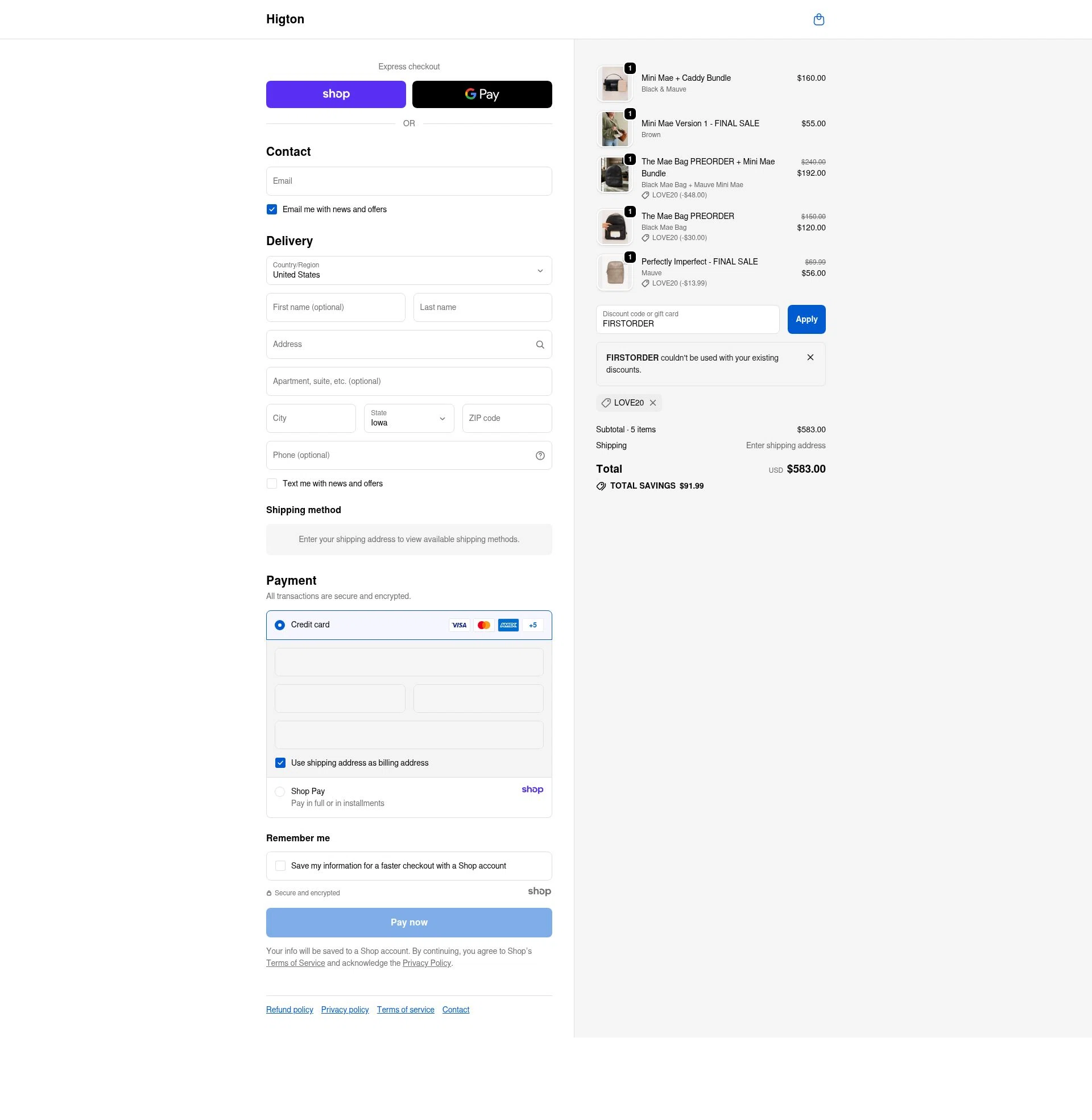 Higton checkout page showing Higton discount code box | Screenshot taken by SimplyCodes community member on Oct 7, 2025