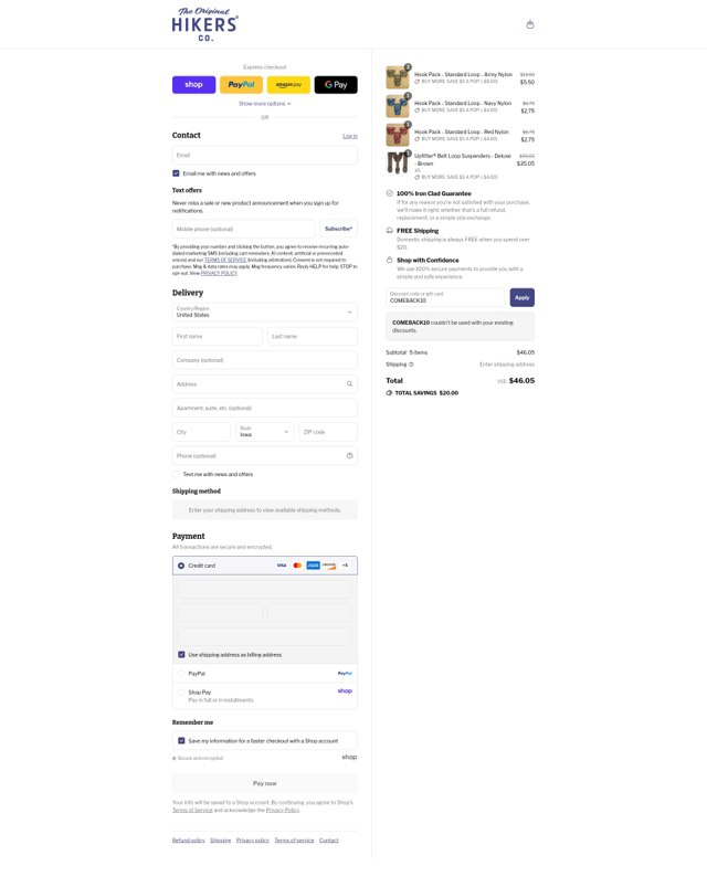 HIKERS Co. checkout page showing HIKERS Co. discount code box | Screenshot taken by SimplyCodes community member on Sep 5, 2025