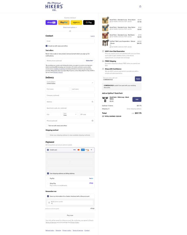 HIKERS Co. checkout page showing HIKERS Co. discount code box | Screenshot taken by SimplyCodes community member on Aug 22, 2025