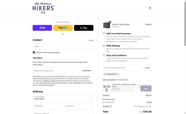 HIKERS Co. checkout page showing HIKERS Co. discount code box | Screenshot taken by SimplyCodes community member on Sep 2, 2025