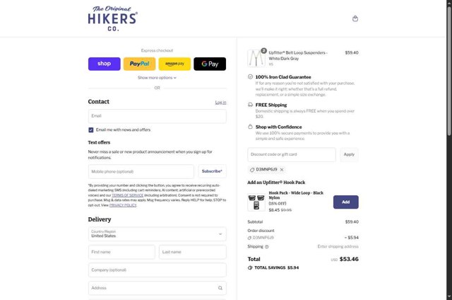 HIKERS Co. checkout page showing HIKERS Co. discount code box | Screenshot taken by SimplyCodes community member on Sep 1, 2025
