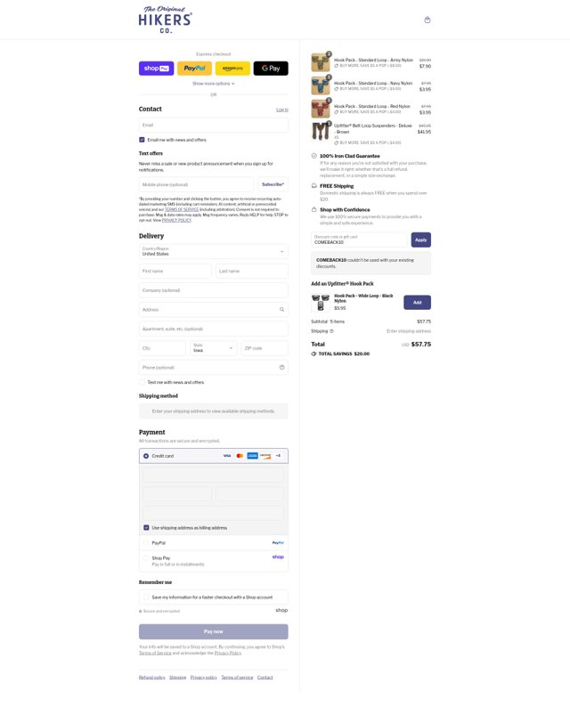 HIKERS Co. checkout page showing HIKERS Co. discount code box | Screenshot taken by SimplyCodes community member on Aug 19, 2025
