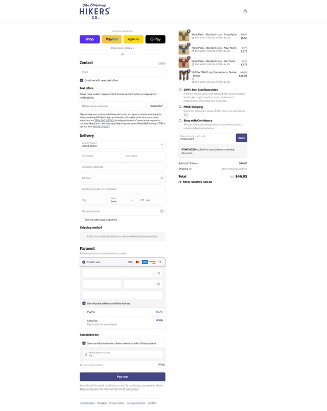 HIKERS Co. checkout page showing HIKERS Co. discount code box | Screenshot taken by SimplyCodes community member on Sep 5, 2025