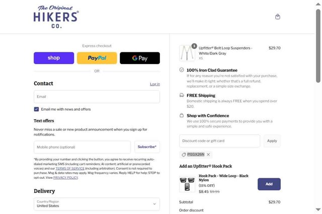 HIKERS Co. checkout page showing HIKERS Co. discount code box | Screenshot taken by SimplyCodes community member on Aug 29, 2025