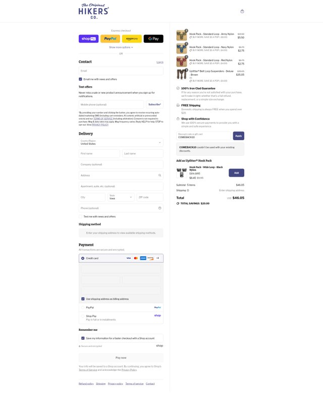 HIKERS Co. checkout page showing HIKERS Co. discount code box | Screenshot taken by SimplyCodes community member on Aug 28, 2025