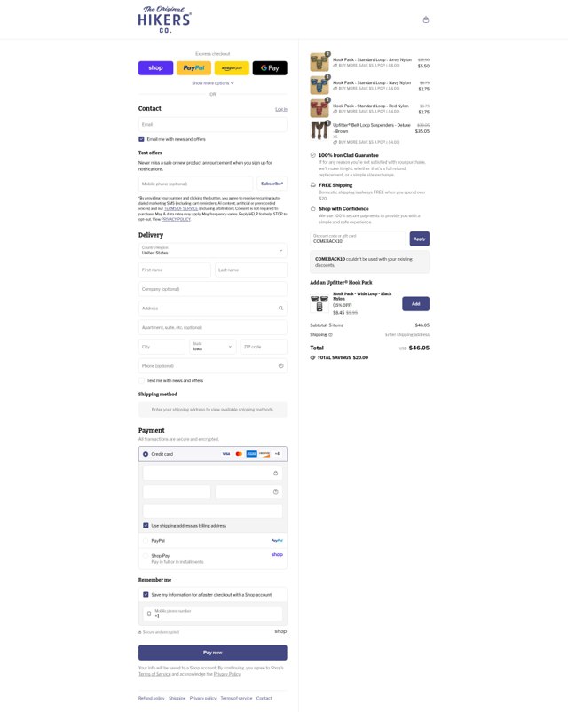 HIKERS Co. checkout page showing HIKERS Co. discount code box | Screenshot taken by SimplyCodes community member on Sep 1, 2025