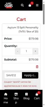 Hilands Cigars coupon verification screenshot