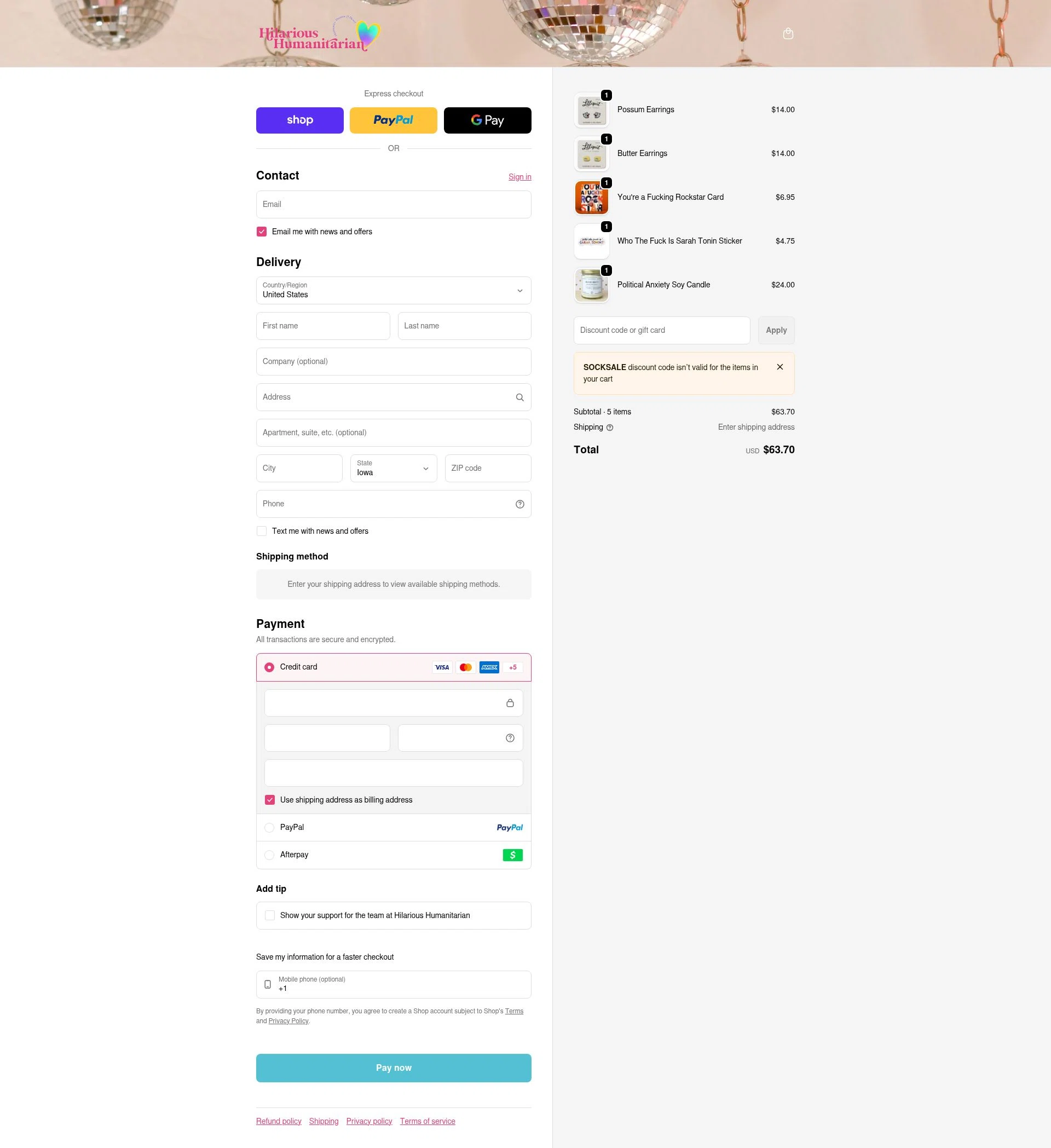 Hilarious Humanitarian checkout page showing Hilarious Humanitarian coupon code box | Screenshot taken by SimplyCodes community member on Feb 9, 2026