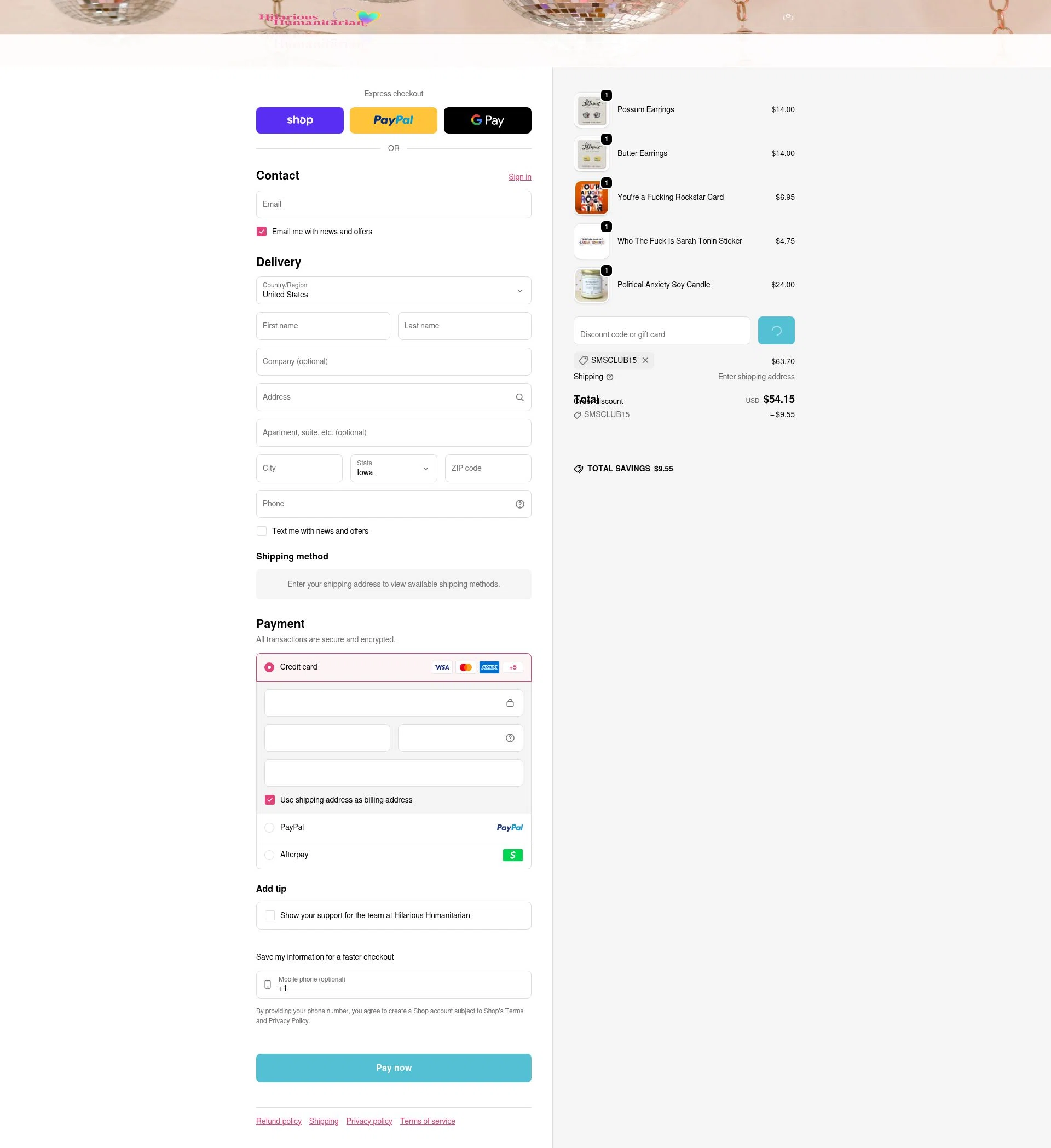 Hilarious Humanitarian checkout page showing Hilarious Humanitarian coupon code box | Screenshot taken by SimplyCodes community member on Feb 14, 2026