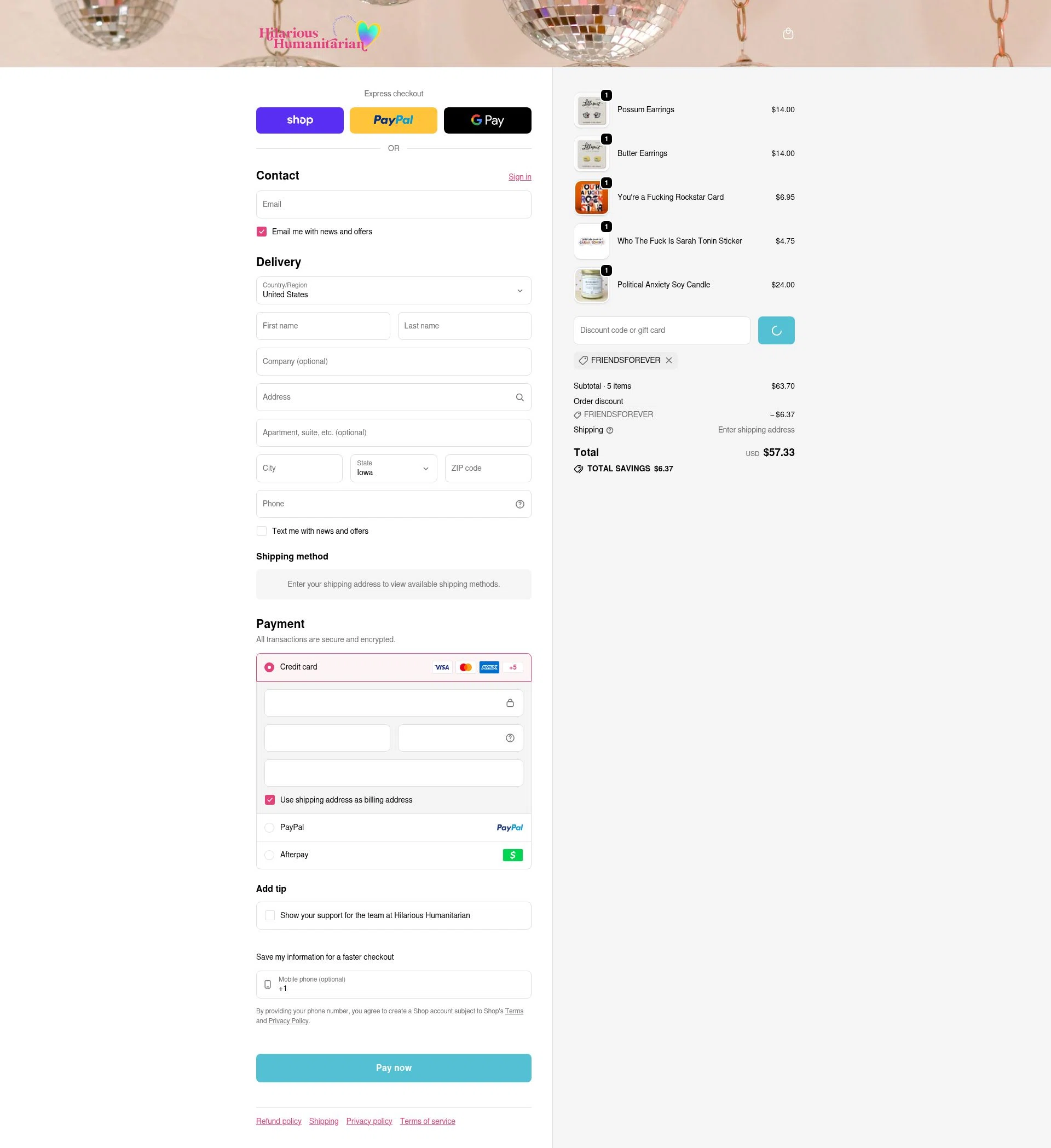 Hilarious Humanitarian checkout page showing Hilarious Humanitarian coupon code box | Screenshot taken by SimplyCodes community member on Feb 18, 2026