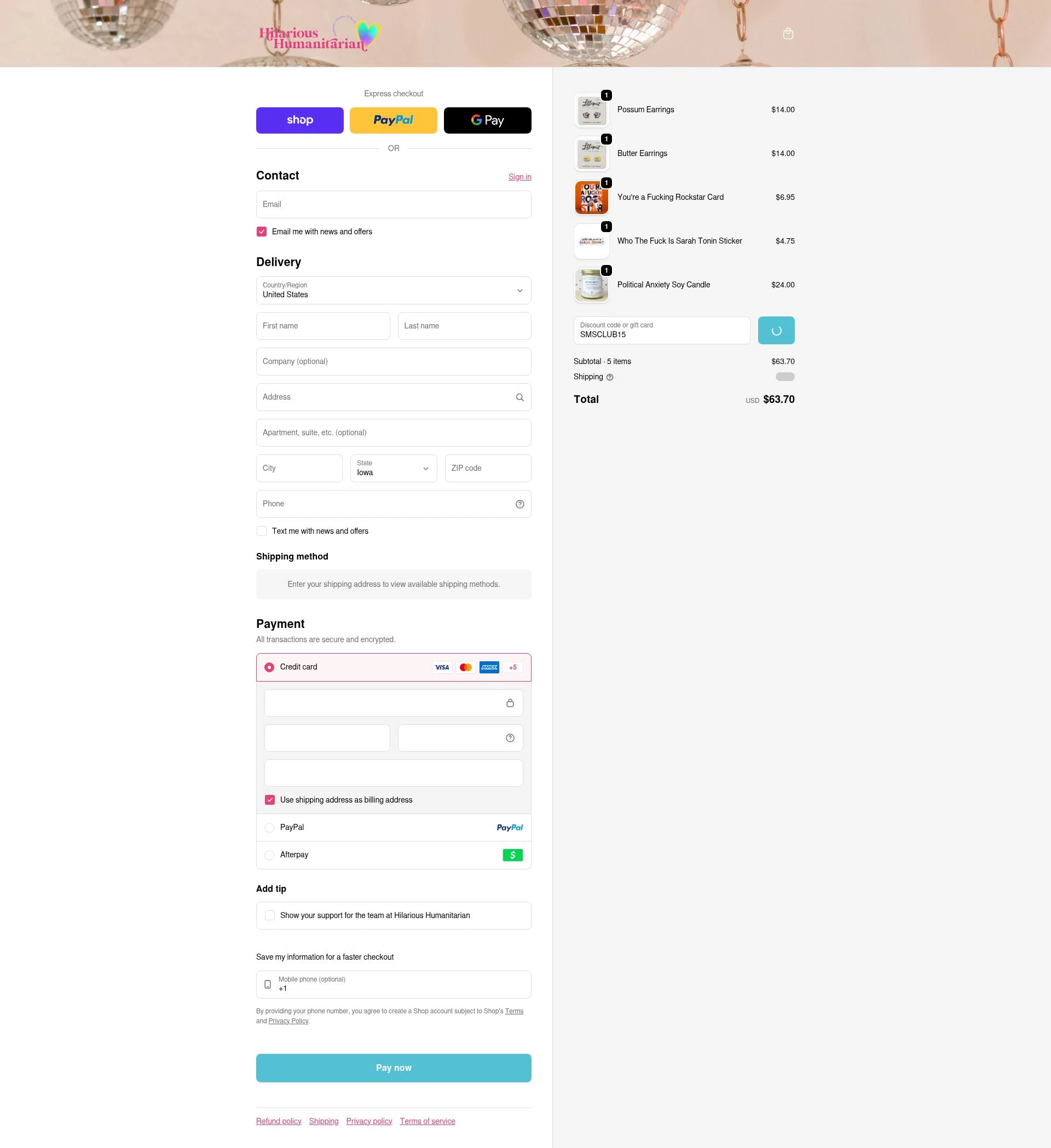 Hilarious Humanitarian checkout page showing Hilarious Humanitarian coupon code box | Screenshot taken by SimplyCodes community member on Feb 9, 2026