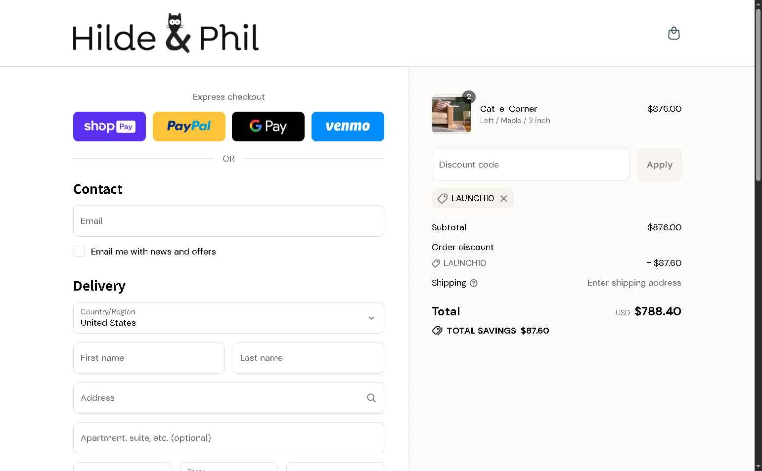 Hilde & Phil checkout page showing Hilde & Phil promo code box | Screenshot taken by SimplyCodes community member on Jul 8, 2025