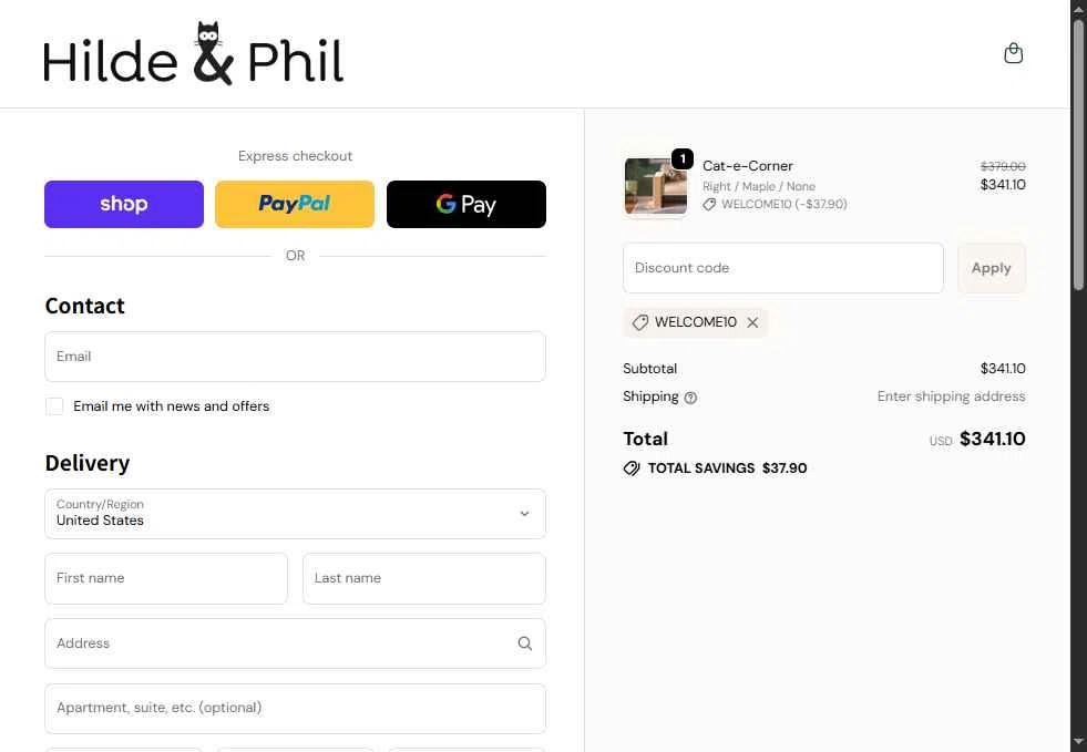 Hilde & Phil checkout page showing Hilde & Phil promo code box | Screenshot taken by SimplyCodes community member on Oct 10, 2025
