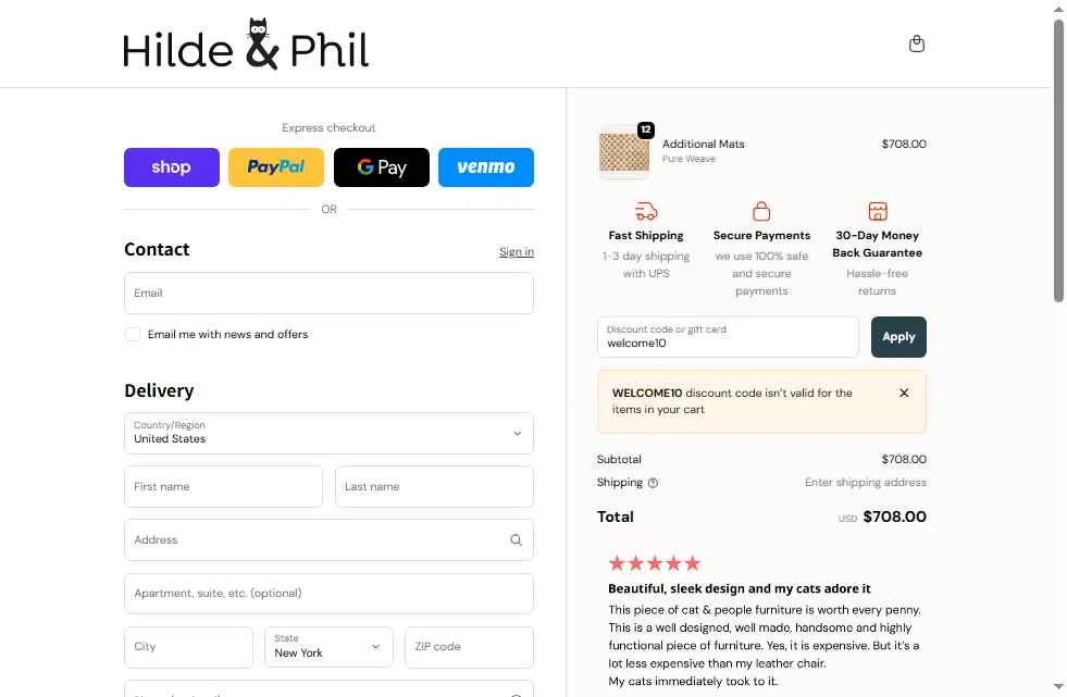 Hilde & Phil checkout page showing Hilde & Phil promo code box | Screenshot taken by SimplyCodes community member on Dec 7, 2025