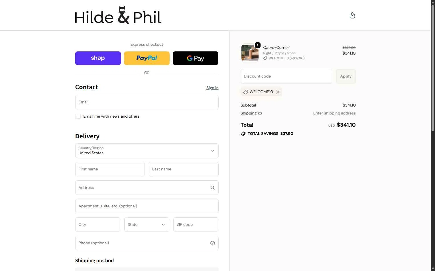 Hilde & Phil checkout page showing Hilde & Phil promo code box | Screenshot taken by SimplyCodes community member on Nov 8, 2025