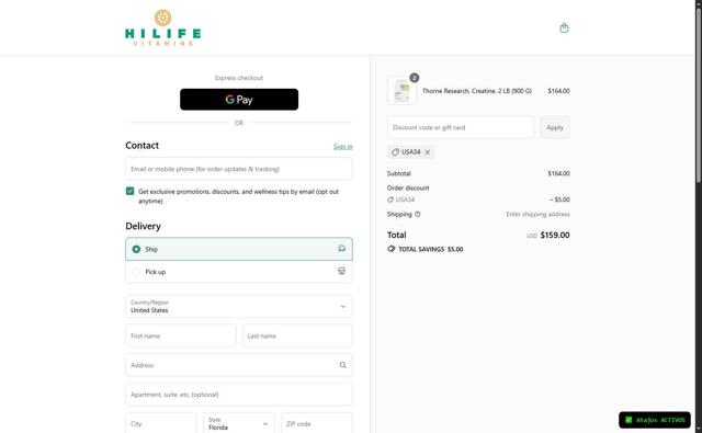 Hilife Vitamins checkout page showing Hilife Vitamins promo code box | Screenshot taken by SimplyCodes community member on Sep 11, 2025