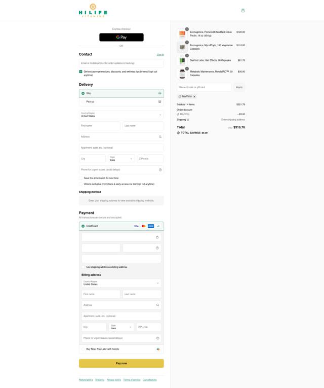 Hilife Vitamins checkout page showing Hilife Vitamins promo code box | Screenshot taken by SimplyCodes community member on Sep 11, 2025