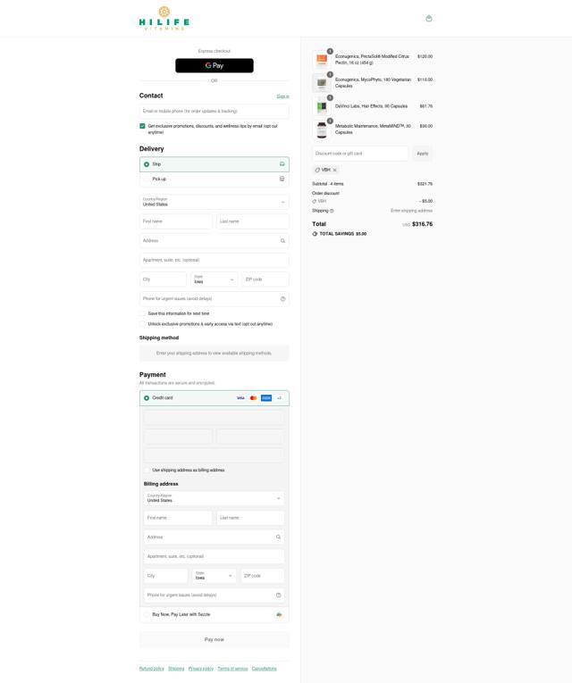Hilife Vitamins checkout page showing Hilife Vitamins promo code box | Screenshot taken by SimplyCodes community member on Sep 11, 2025