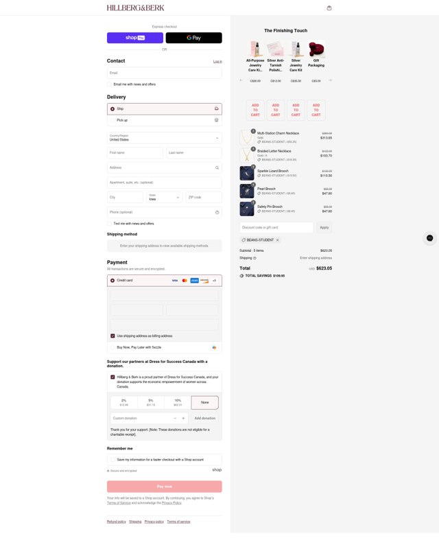 Hillberg & Berk checkout page showing Hillberg & Berk promo code box | Screenshot taken by SimplyCodes community member on Aug 25, 2025