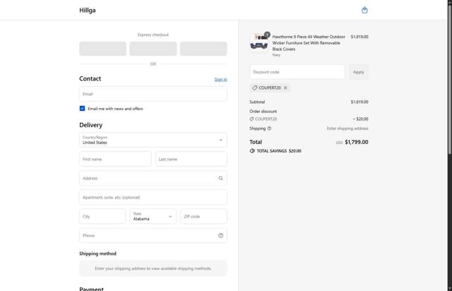 Hillga checkout page showing Hillga discount code box | Screenshot taken by SimplyCodes community member on Sep 14, 2025