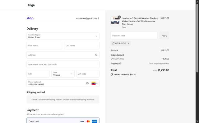Hillga checkout page showing Hillga discount code box | Screenshot taken by SimplyCodes community member on Sep 14, 2025