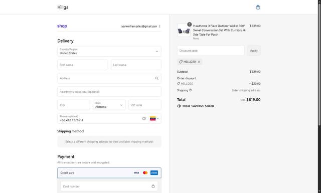 Hillga checkout page showing Hillga discount code box | Screenshot taken by SimplyCodes community member on Sep 16, 2025