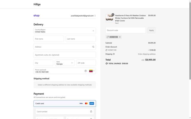 Hillga checkout page showing Hillga discount code box | Screenshot taken by SimplyCodes community member on Sep 14, 2025