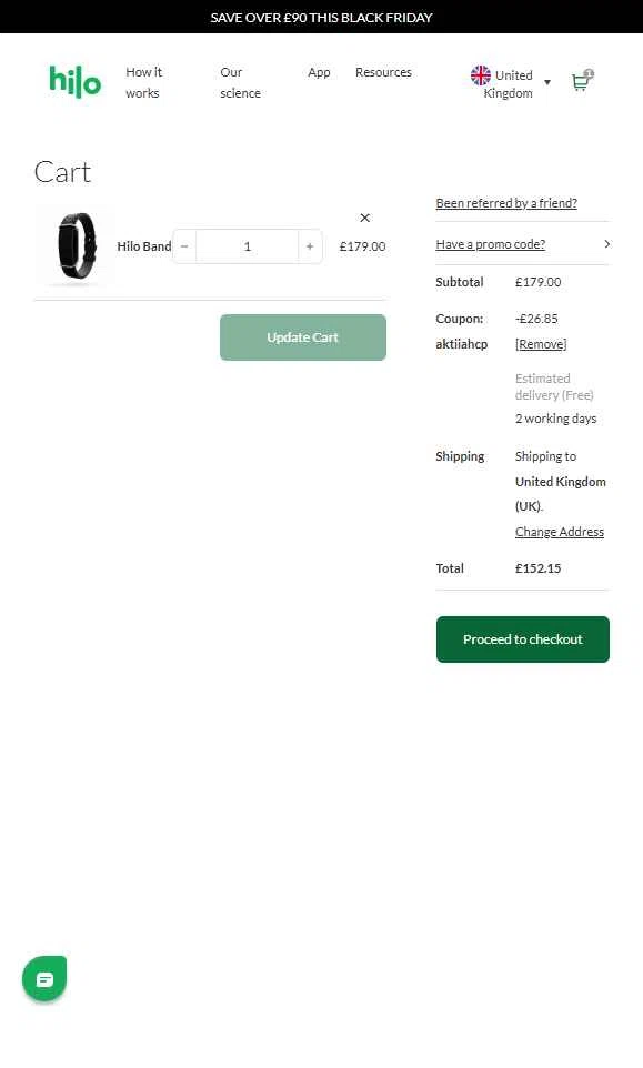 Hilo UK checkout page showing Hilo UK promo code box | Screenshot taken by SimplyCodes community member on Nov 27, 2025