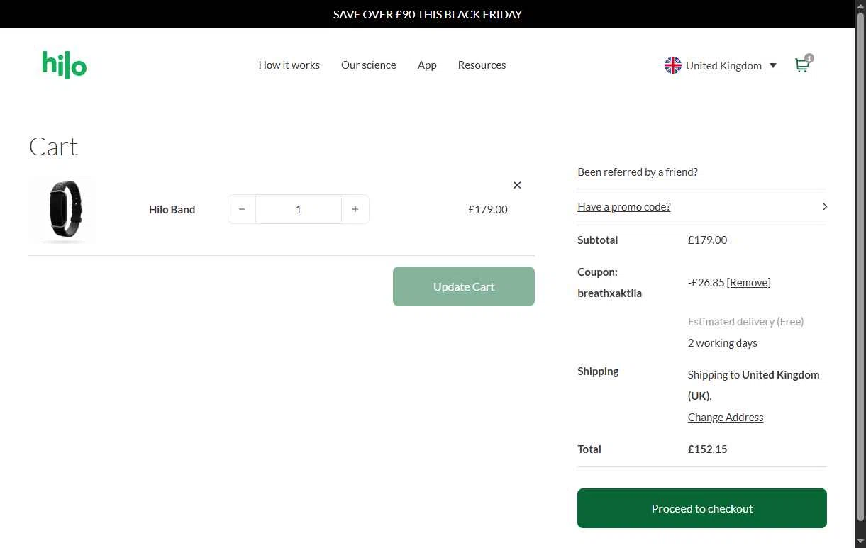 Hilo UK checkout page showing Hilo UK promo code box | Screenshot taken by SimplyCodes community member on Nov 28, 2025
