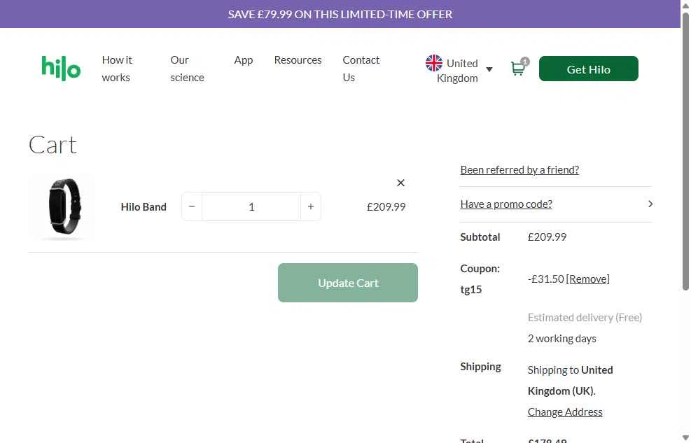 Hilo UK checkout page showing Hilo UK promo code box | Screenshot taken by SimplyCodes community member on Dec 9, 2025