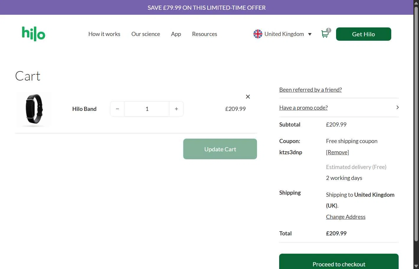 Hilo UK checkout page showing Hilo UK promo code box | Screenshot taken by SimplyCodes community member on Dec 3, 2025