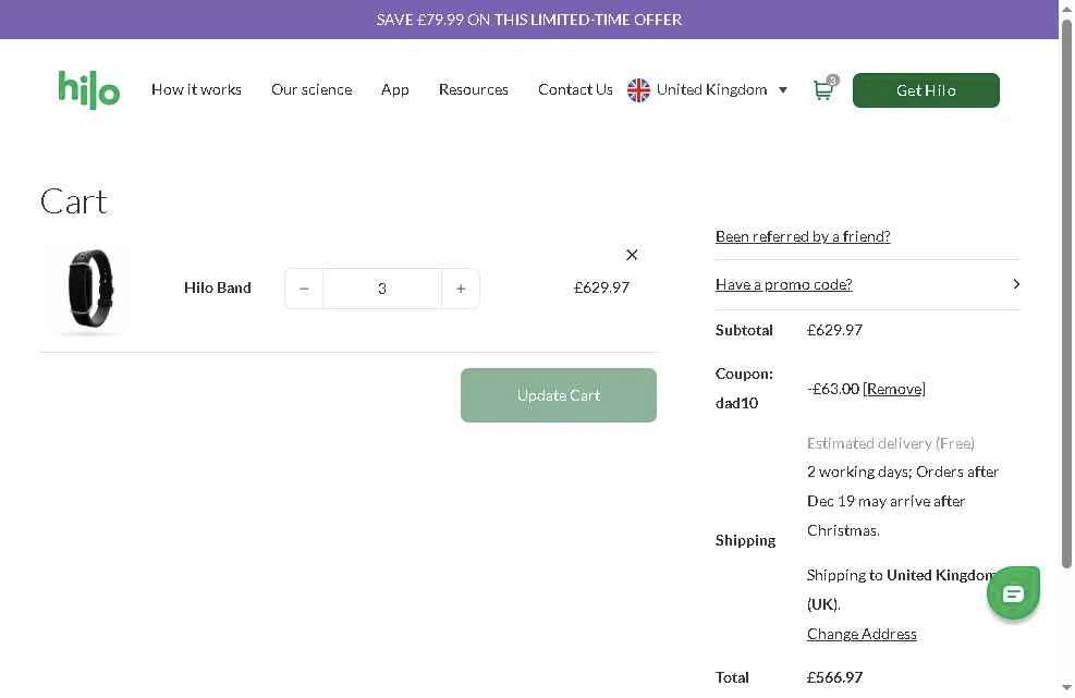 Hilo UK checkout page showing Hilo UK promo code box | Screenshot taken by SimplyCodes community member on Dec 21, 2025
