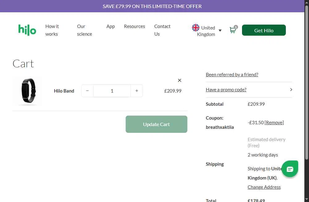 Hilo UK checkout page showing Hilo UK promo code box | Screenshot taken by SimplyCodes community member on Dec 9, 2025