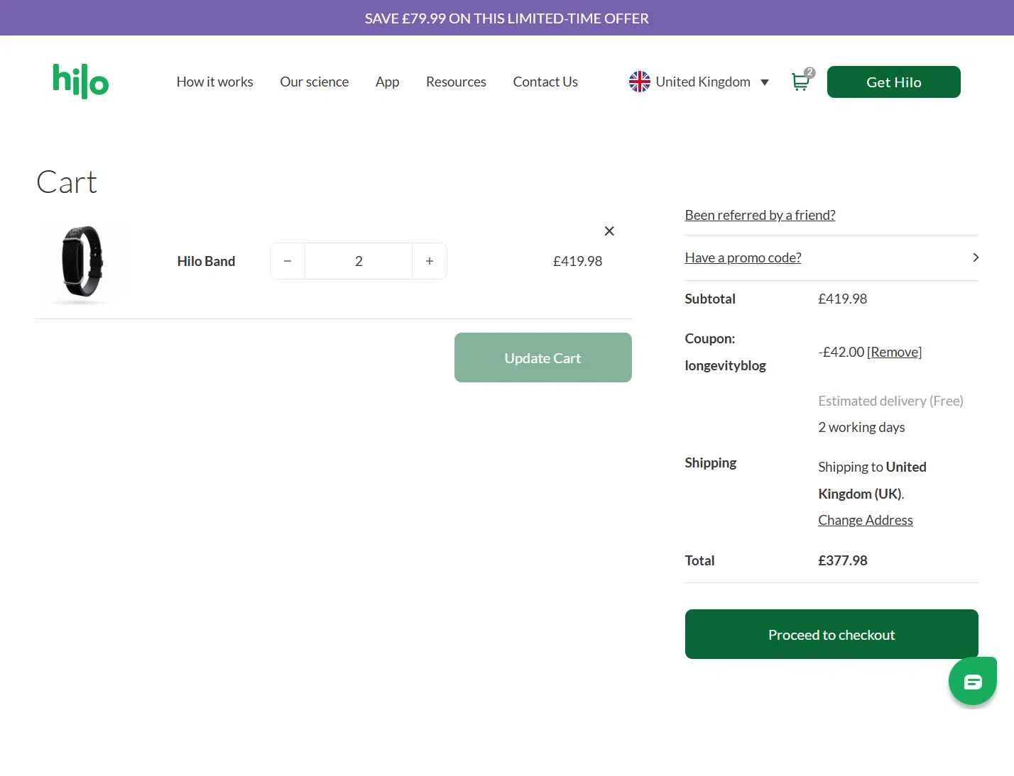 Hilo UK checkout page showing Hilo UK promo code box | Screenshot taken by SimplyCodes community member on Dec 27, 2025