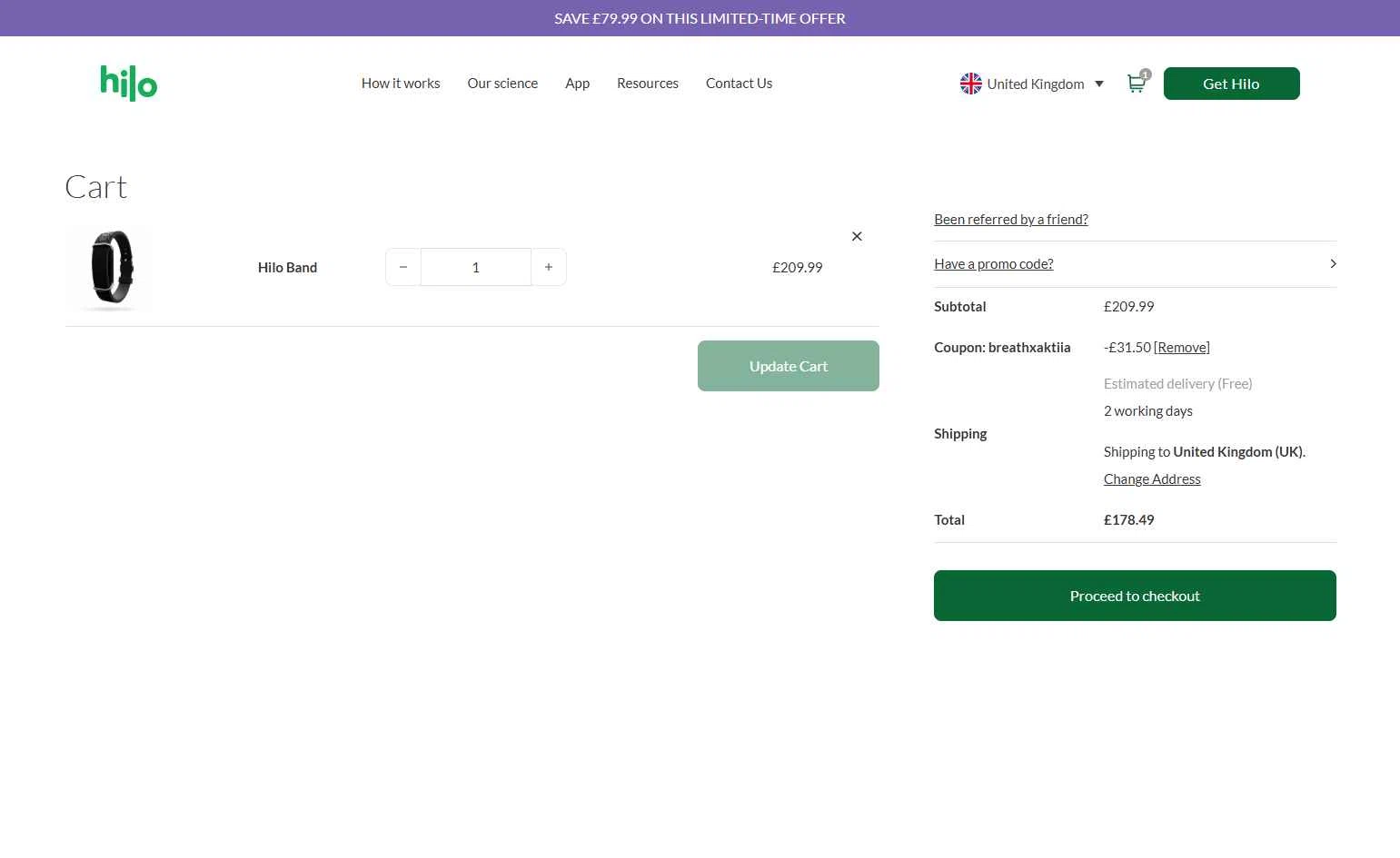 Hilo UK checkout page showing Hilo UK promo code box | Screenshot taken by SimplyCodes community member on Jan 7, 2026