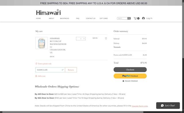 Himawari checkout page showing Himawari promo code box | Screenshot taken by SimplyCodes community member on May 5, 2025
