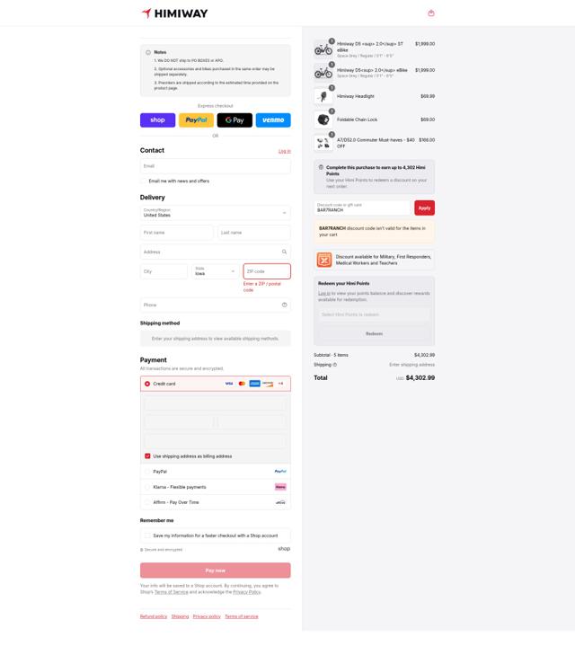 Himiway Bike checkout page showing Himiway Bike discount code box | Screenshot taken by SimplyCodes community member on Sep 4, 2025